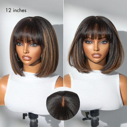 Put On and Go Realistic Glueless Yaki Straight Bob with Bangs Minimalist Lace Wig 100% Human Hair
