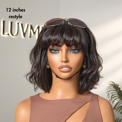 Put On and Go Realistic Glueless Yaki Straight Bob with Bangs Minimalist Lace Wig 100% Human Hair