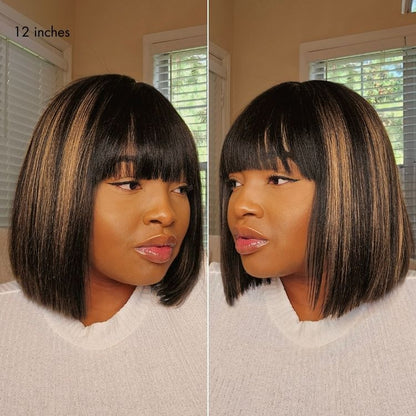 Put On and Go Realistic Glueless Yaki Straight Bob with Bangs Minimalist Lace Wig 100% Human Hair