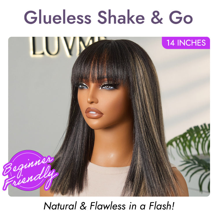 Put On and Go Realistic Glueless Yaki Straight Bob with Bangs Minimalist Lace Wig 100% Human Hair