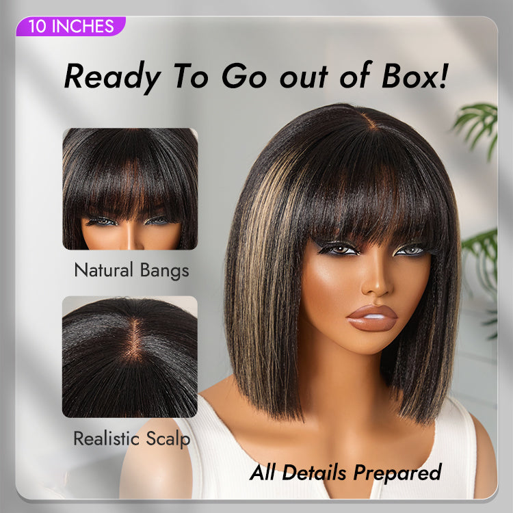 Put On and Go Realistic Glueless Yaki Straight Bob with Bangs Minimalist Lace Wig 100% Human Hair