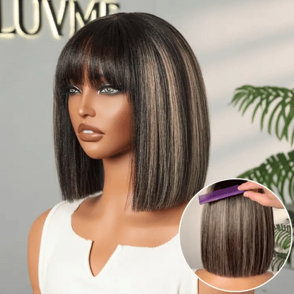 Put On and Go Realistic Glueless Yaki Straight Bob with Bangs Minimalist Lace Wig 100% Human Hair