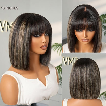Put On and Go Realistic Glueless Yaki Straight Bob with Bangs Minimalist Lace Wig 100% Human Hair