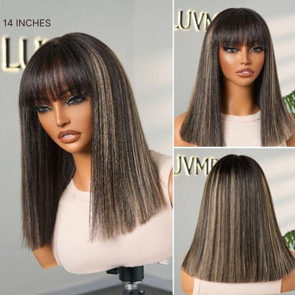 Put On and Go Realistic Glueless Yaki Straight Bob with Bangs Minimalist Lace Wig 100% Human Hair