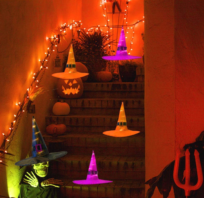 (2Pcs)HALLOWEEN Decorations Glowing Witch Hat Decorations 2 in 1 Hanging/Wearable