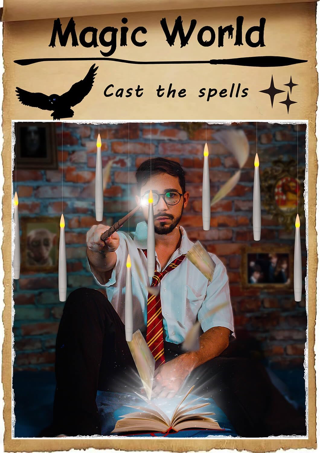 ✨ Floating Flameless Candles with Magic Wand – 20PCS Warm LED Lights for Halloween, Wedding & Party Decor