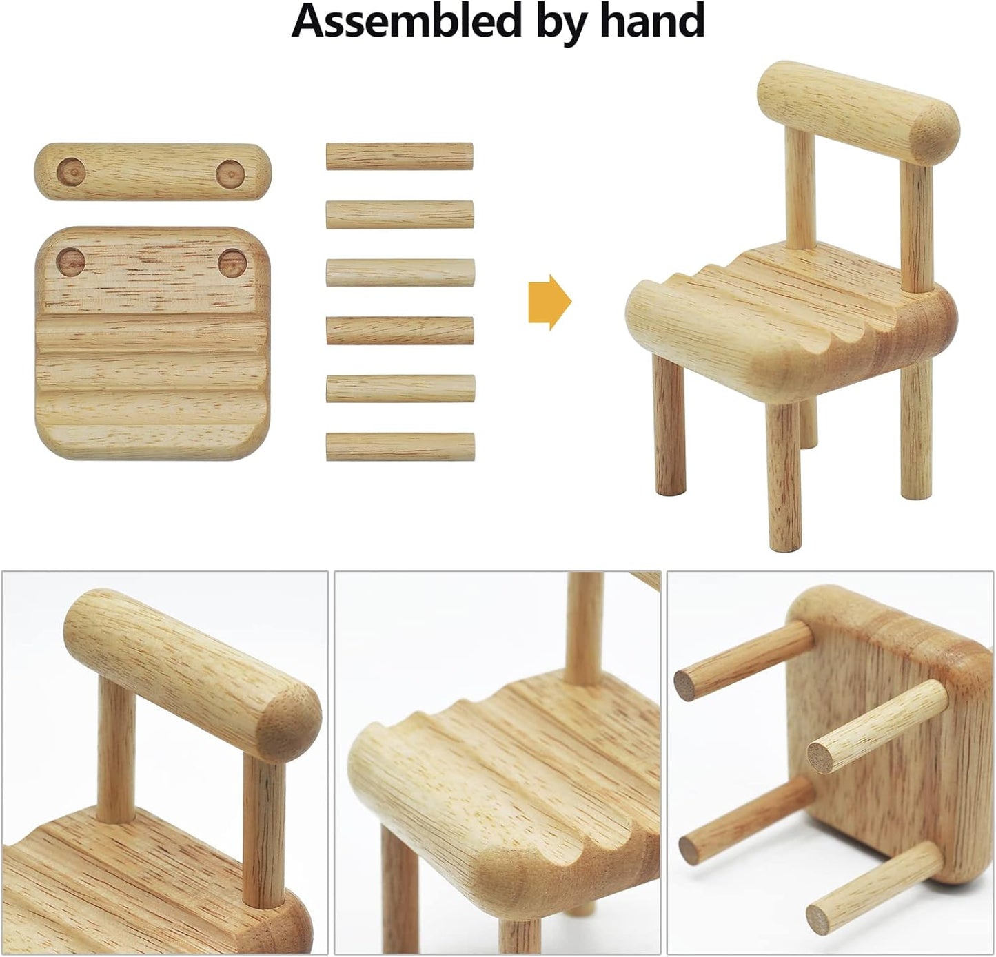 Mini wooden chair phone holder, suitable for iPhone, iPad and tablet.