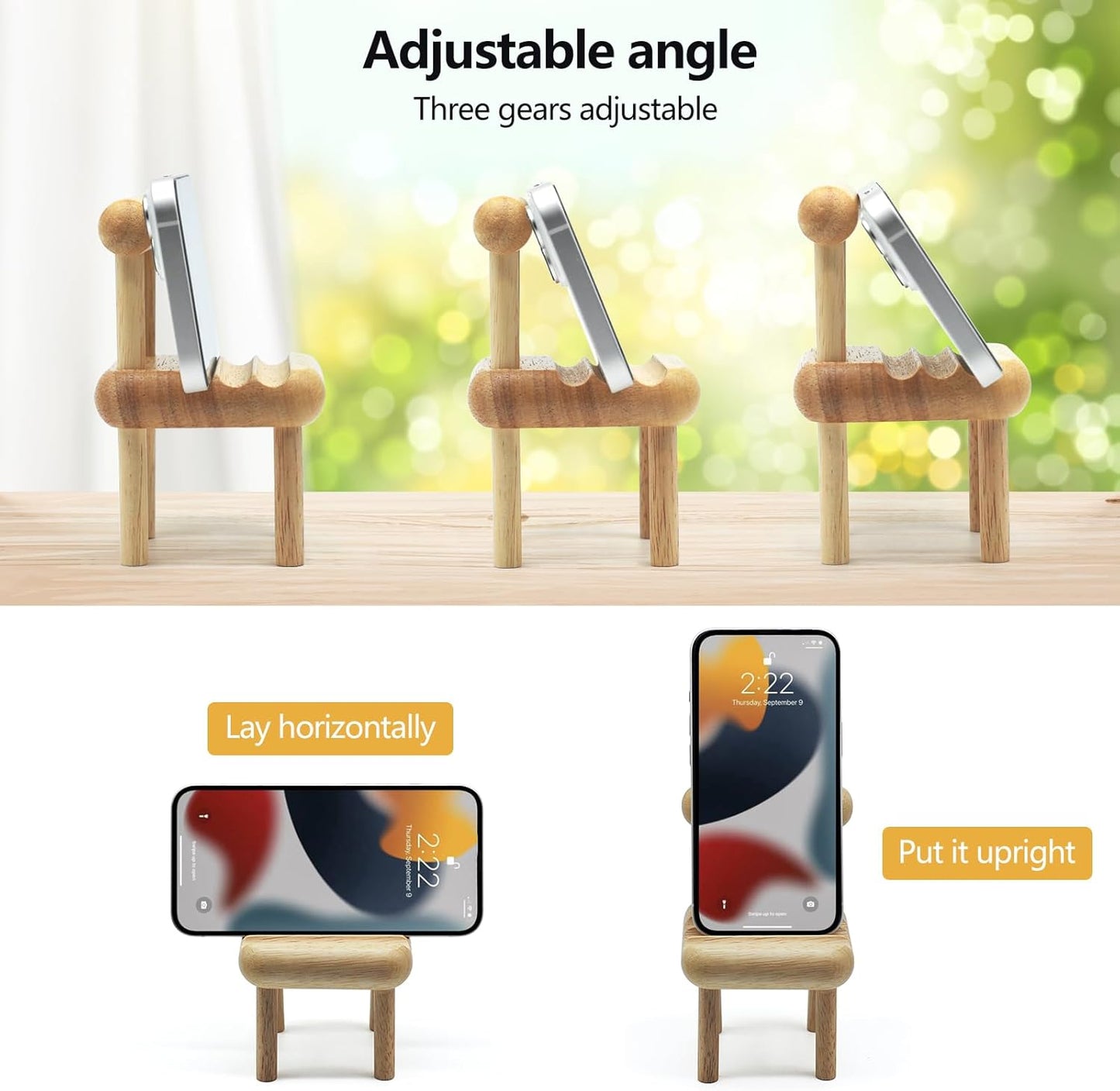 Mini wooden chair phone holder, suitable for iPhone, iPad and tablet.